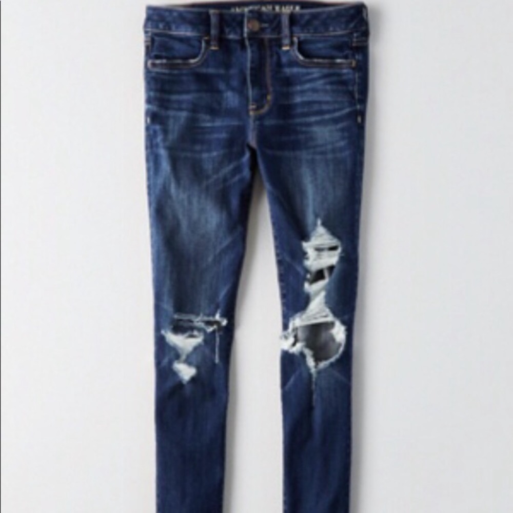AMERICAN EAGLE Super Stretch HI-RISE JEGGING Destroyed Distressed Jeans 6 Long
